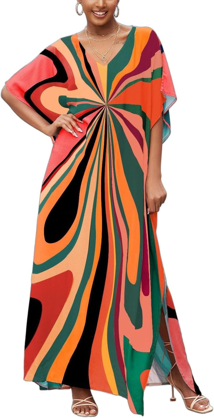 IMAGEKOPE Moroccan Print V-Neck Batwing Kaftan Women's Plus Size Loose Fit Beach Dress Bathing Suit Cover Up Loungewear