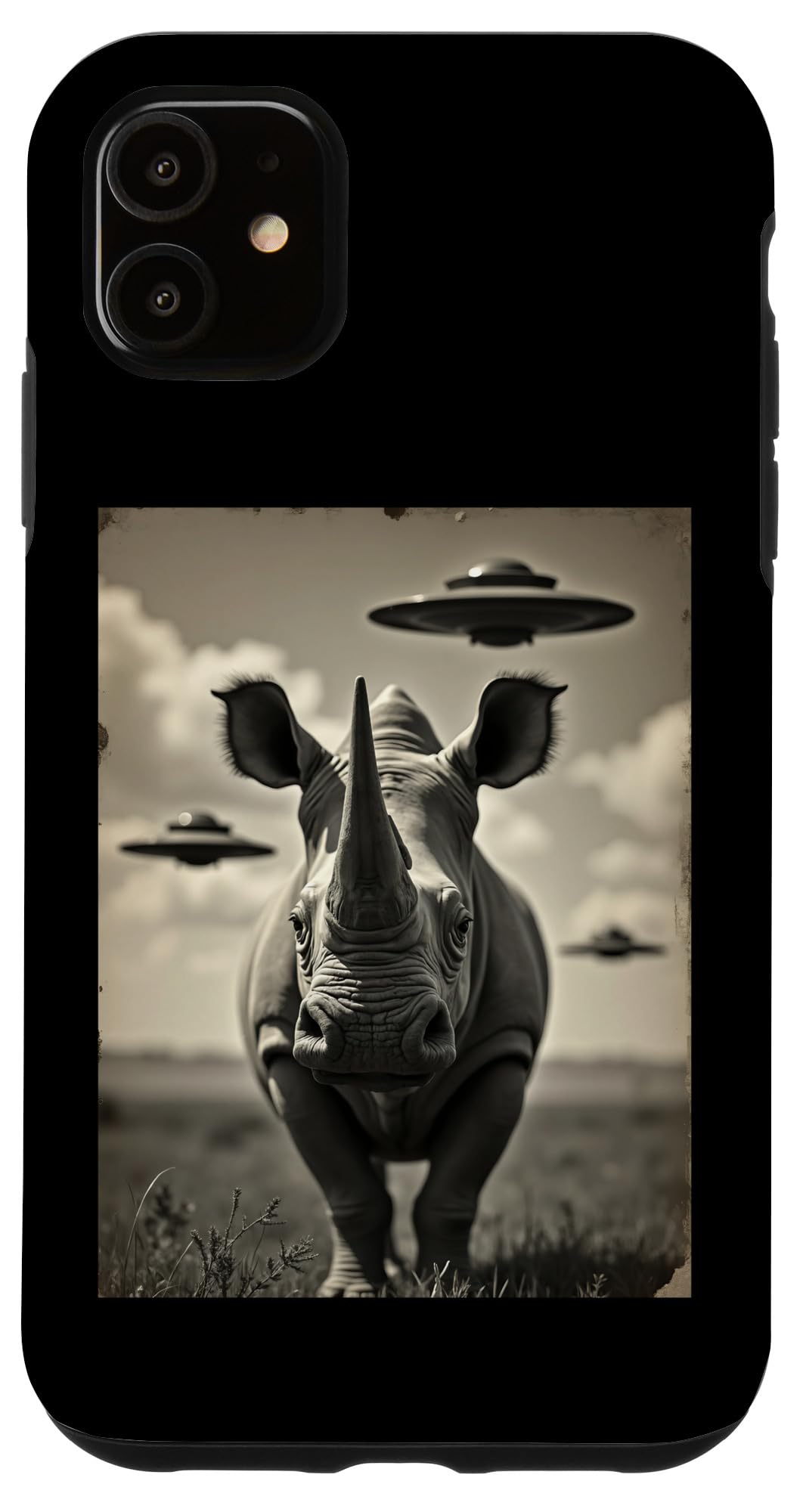 Funny rhino Selfie with UFOs Weird Alien Case for iPhone 11