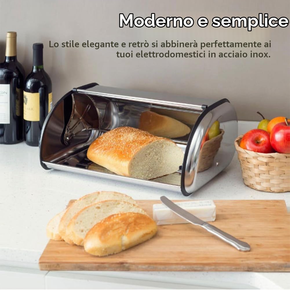 Portapane in Acciaio Inossidabile, Contenitore per Pane Satinato e Lucidato con Coperchio Scorrevole, Portapane di Grande Capacità per Bancone della Cucina - 33x24x15cm