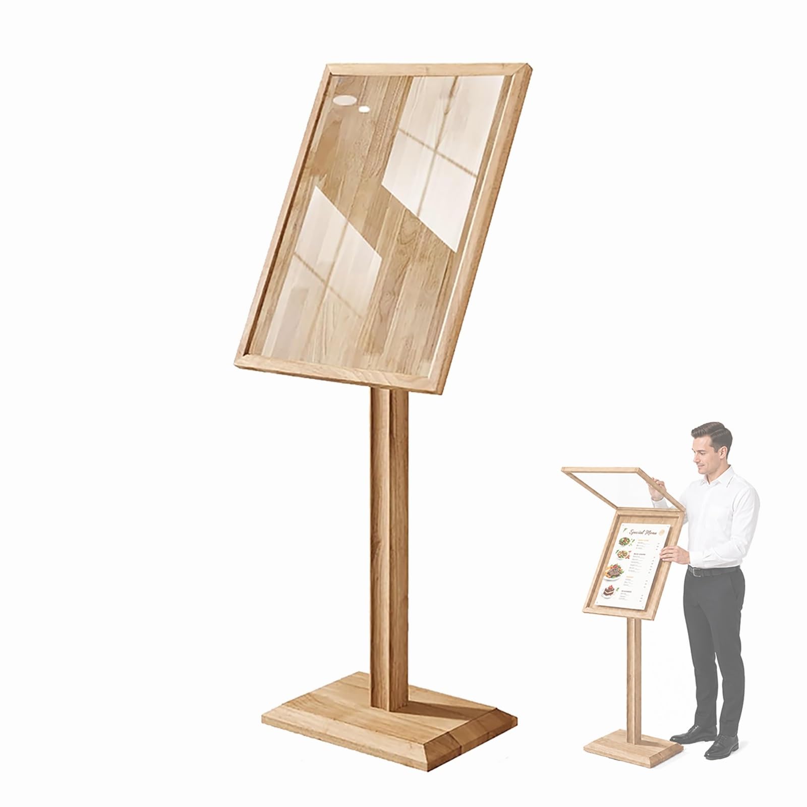 Soporte de letreros de madera maciza y vidrio premium para hostelería