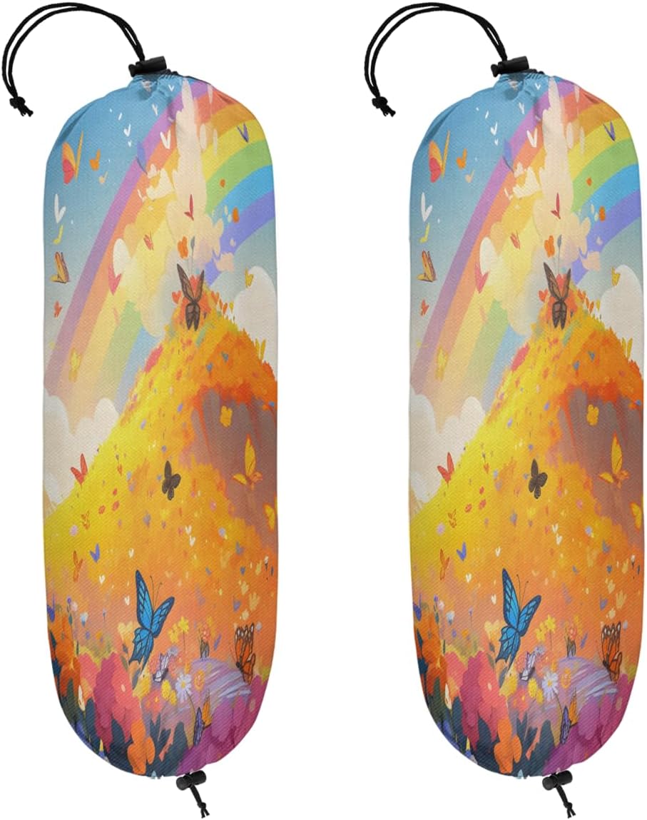 Rainbow Floral Plastic Bag Holder Set of 2, Watercolor Butterfly Reusable Hanging Grocery Bag Organizer for Home Kitchen Pantry Decor