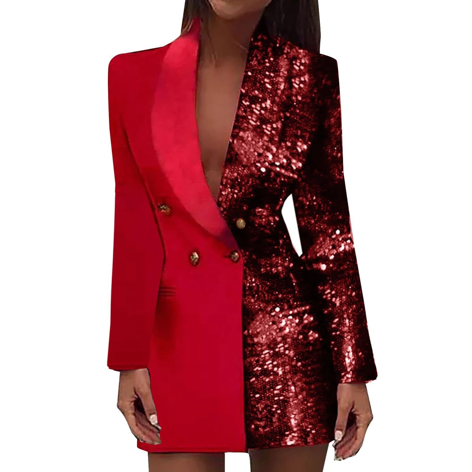 Double Breasted Sequins Blazer Dress for Women Shimmer Jacket Casual Long Sleeve Glitter Party Shiny Lapel Coat Rave