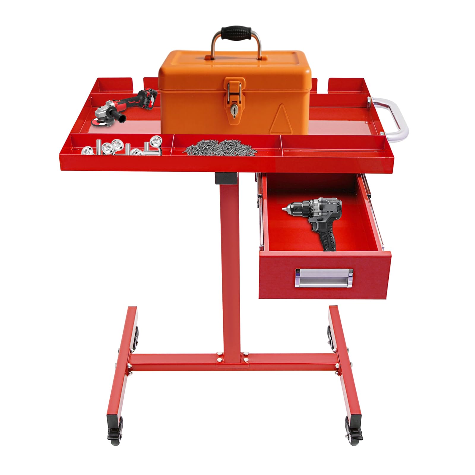 Chariot à outils sur roulettes avec tiroir | Table de travail mobile pour garage et atelier | Construction en acier, 4 roulettes de frein, capacité de charge de 100 kg et plateau de rangement (rouge)