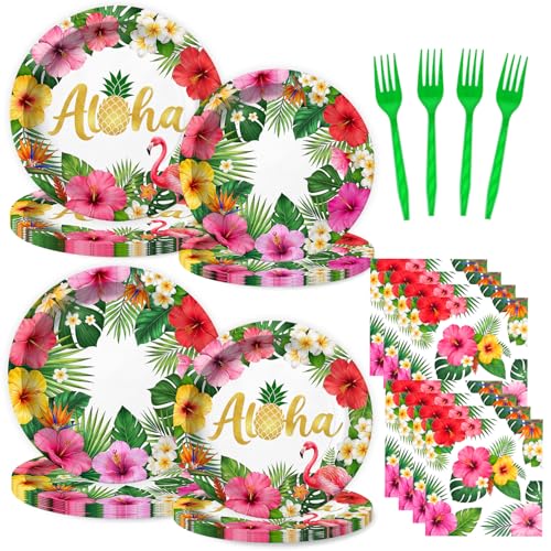 Kinovo 96 Pcs Hawaiian Luau Party Paper Plates Tableware Set (Serves 24), Hawaiian Birthday Decorations Include Plates Napkins Forks For Hibiscus Floral Party