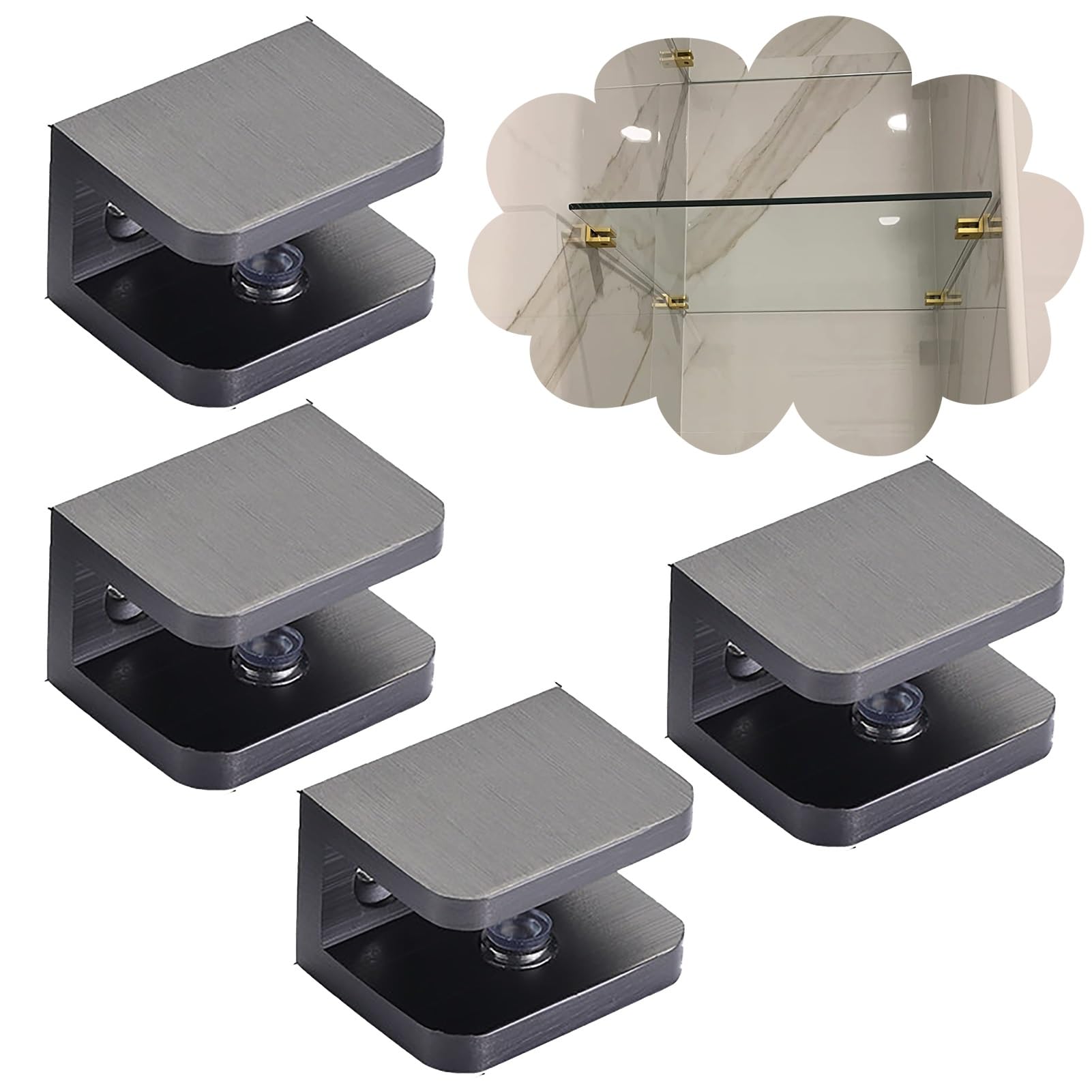 4 Pack Brass Floating Shelf Brackets for 1/4" Thick Glass, Small Desk Partitions Support Clamps, Bookshelf Shelves Clamp Replacement Parts(Black)