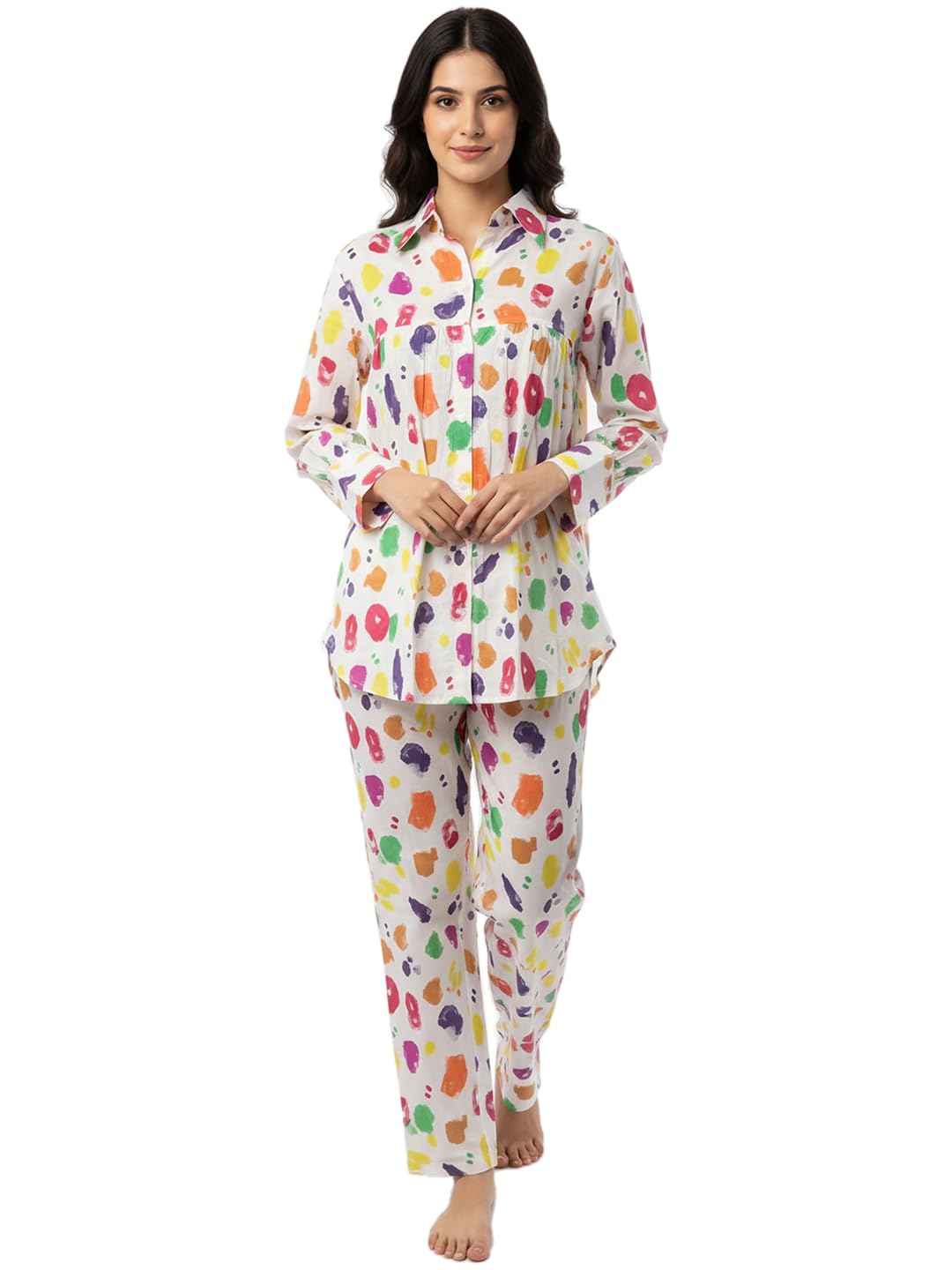 Co-ords Set for Women's Printed Cotton Night Dress of Shirt and Pyjama Set-image-38