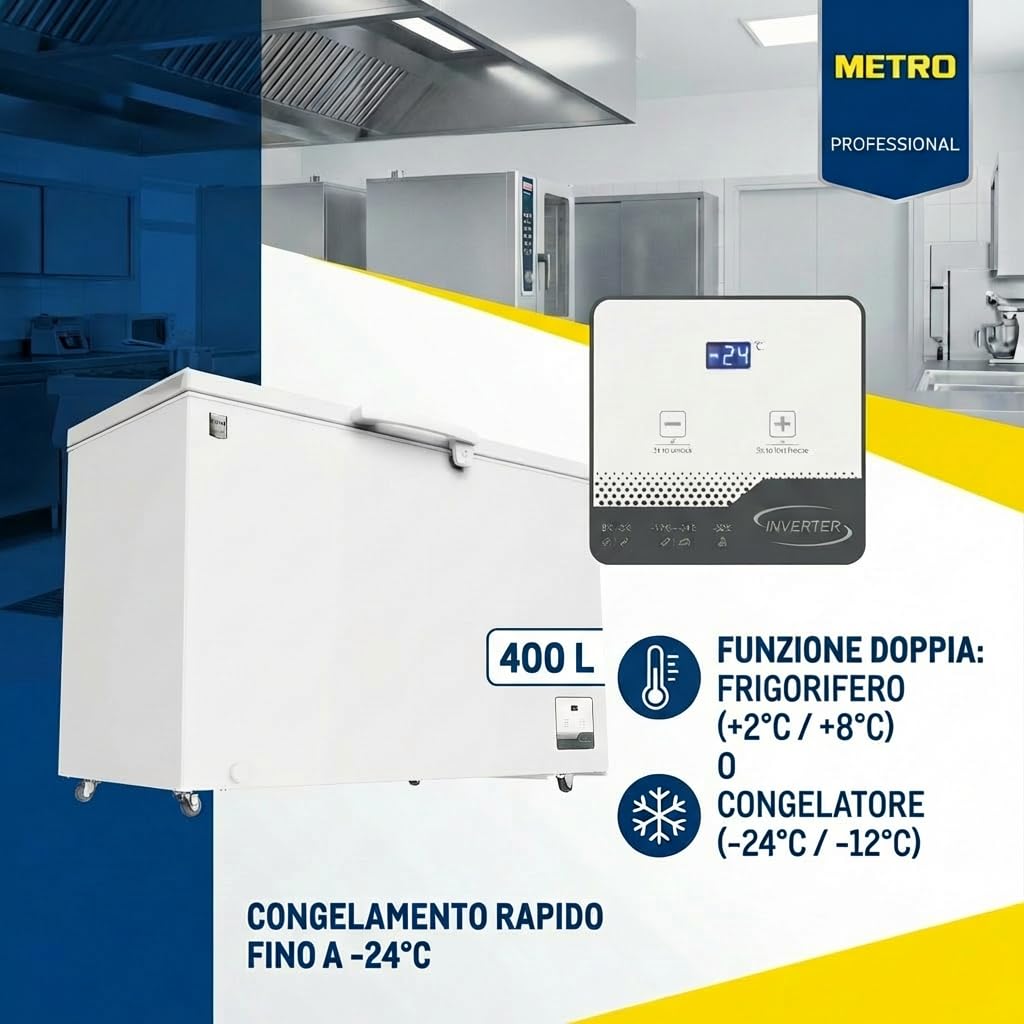 METRO Professional Congelatore a Pozzetto GHF2400, Acciaio/Alluminio, 136.5 x 73.5 x 83.5 cm, 130 W, 1 cestello, Illuminazione a LED, Con serratura, Bianco (400 L)