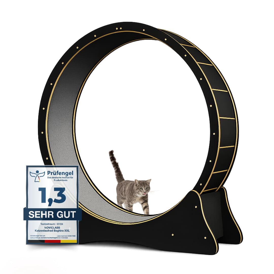 noviclass® Katzenlaufrad Baghira Groß XXL | 132cm Durchmesser Artgerecht für große Katzen | Kratzfest, stabil und leise | Gratis Spielzeug und E-Book | Geprüfte Qualität (Schwarz)