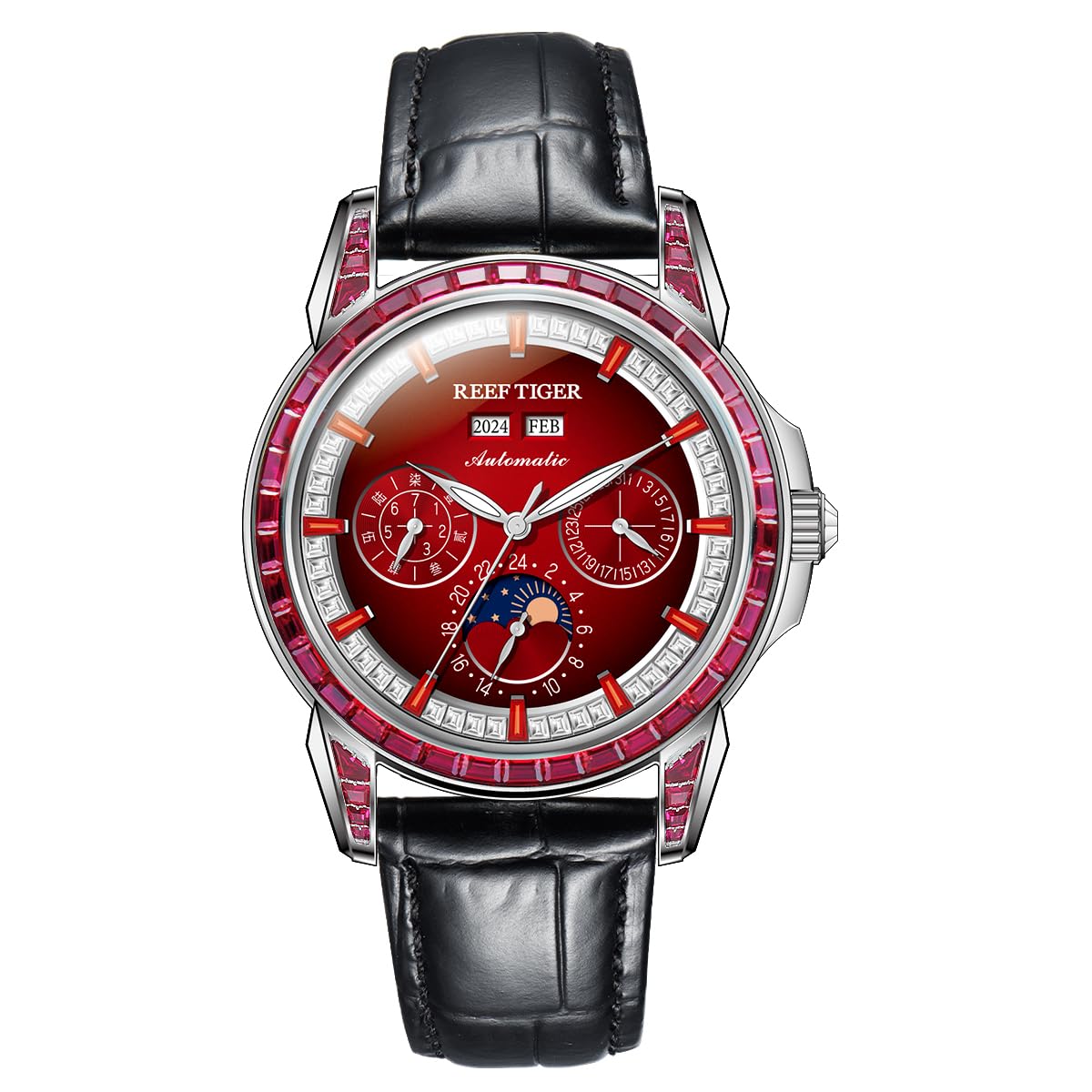 REEF TIGERLuxury Crystal Bezel Moonphase Complete Calendar Mechanical Automatic Watch for Men Luminous Leather Strap Classic Watch RGA1988