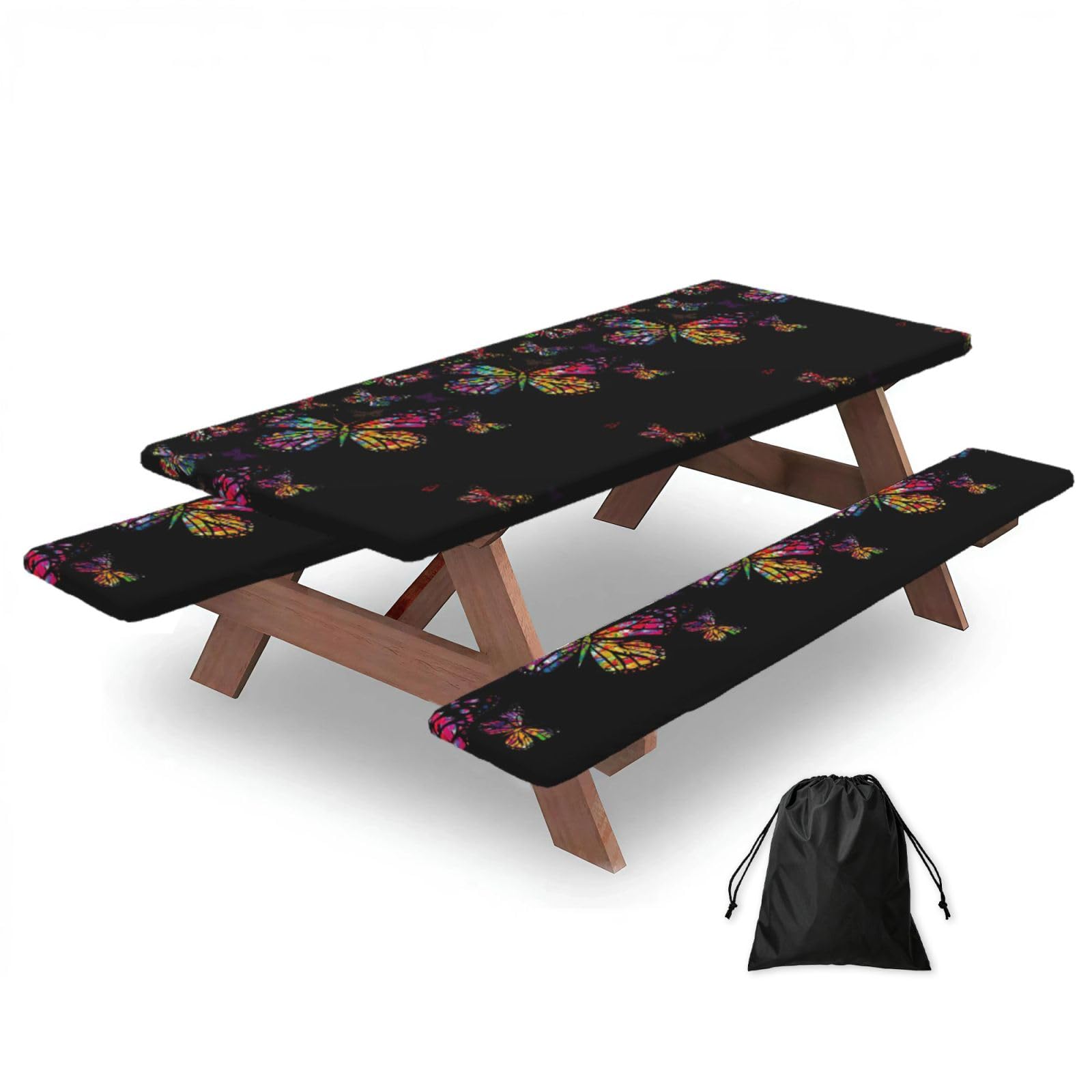 Yqxwjl Black Pretty Butterfly Print Camping Essentials Waterproof Camping Table And Bench Cover With Drawstring Bag 183 Cm