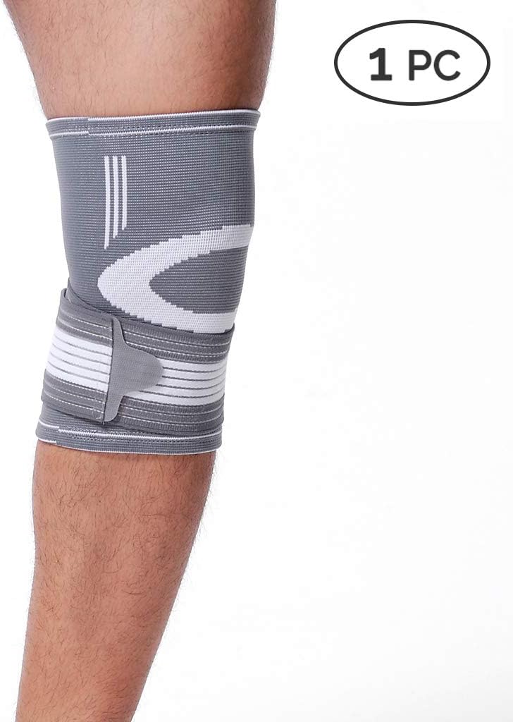 NeoTech Care Knee Brace Sleeve - Light, Elastic & Breathable Fabric - Adjustable Compression Wrap Around Strap - for Men, Women, Youth - Right or Left Leg - Grey (Size L, 1 Unit)