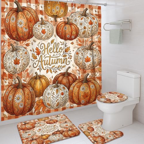 Rideaux de douche citrouille en textile premium lavable avec tapis orange