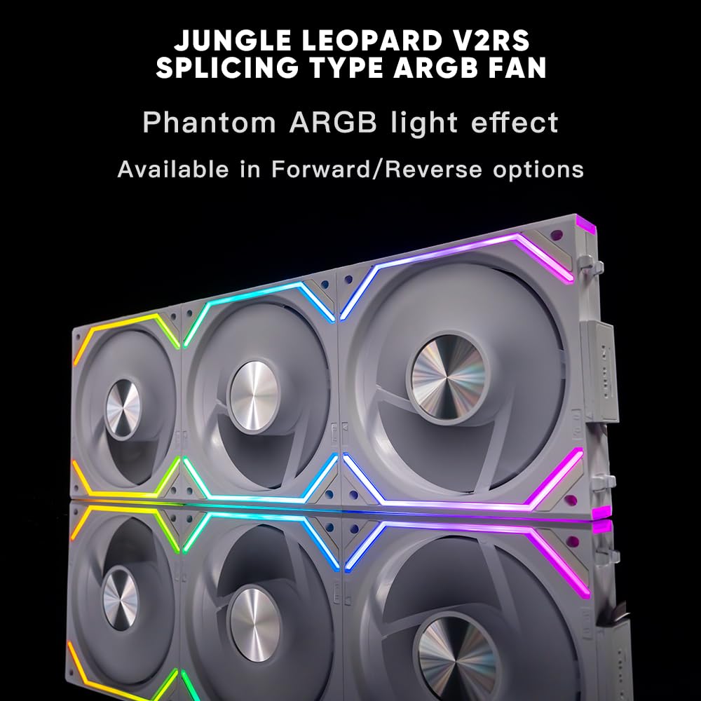 Jungle Leopard Ventilador de PC JM-V2 RS 120 Infinity Mirror Module Daisy Chain ARGB Ventilador de 120 mm, paquete triple adecuado para carcasa de computadora y enfriador AIO de 360 mm (blanco)