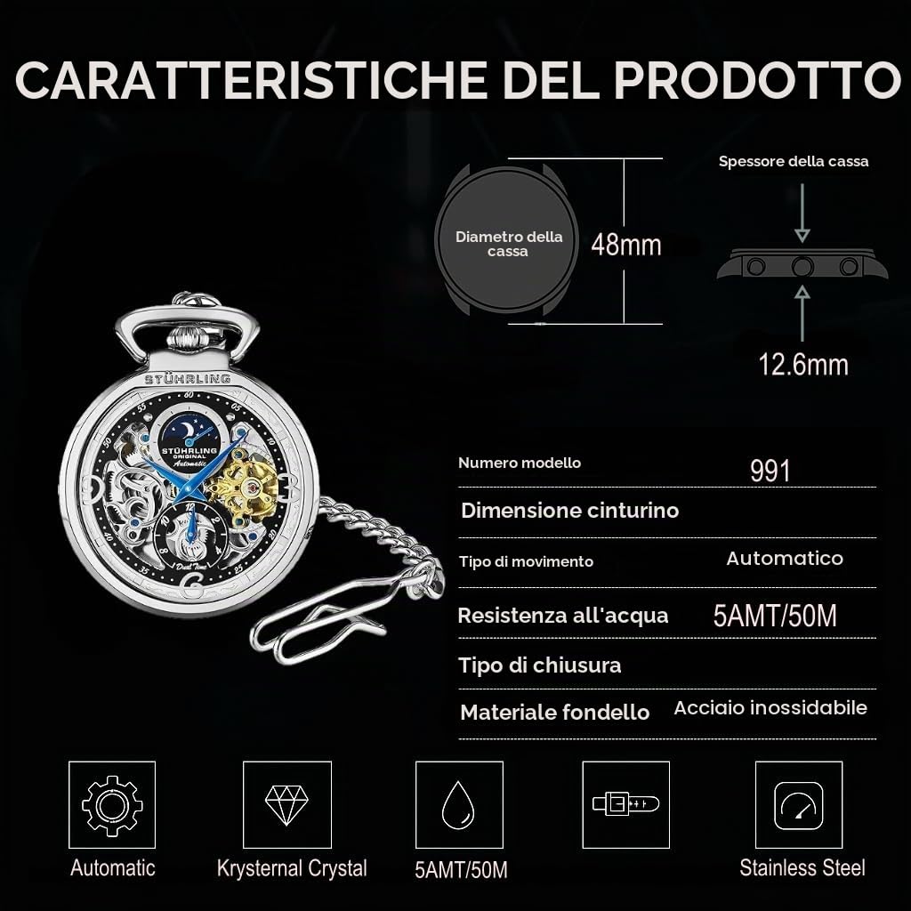 Stuhrling Original Orologio da tasca automatico da uomo, orologio da tasca a carica automatica con catena in acciaio inossidabile, sole/luna