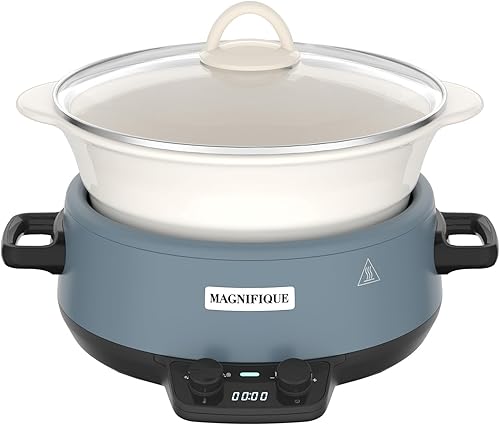Miniatura 8 de Magnifique - Calentador de alimentos manual redondo de 5 cuartos de galón con 3 ajustes de cocción, olla de cerámica negra y negra de acero