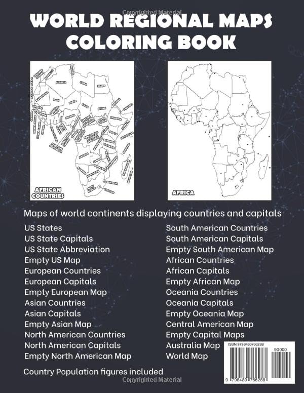 World Map Coloring Book: Maps of the World Continents featuring Country Border, Capitals, Population figures and Empty Maps - Image 2