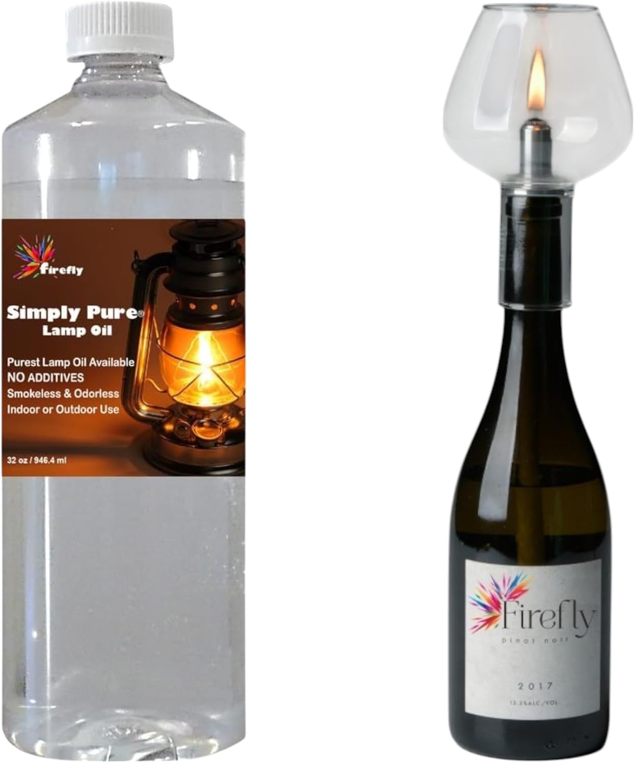 Firefly Biodegradable, Kosher Candle and Lamp Oil + Wine Bottle Oil Lamp Kit - 3/8” Fiberglass Wick & Aluminum Brass Finish Wick Holder