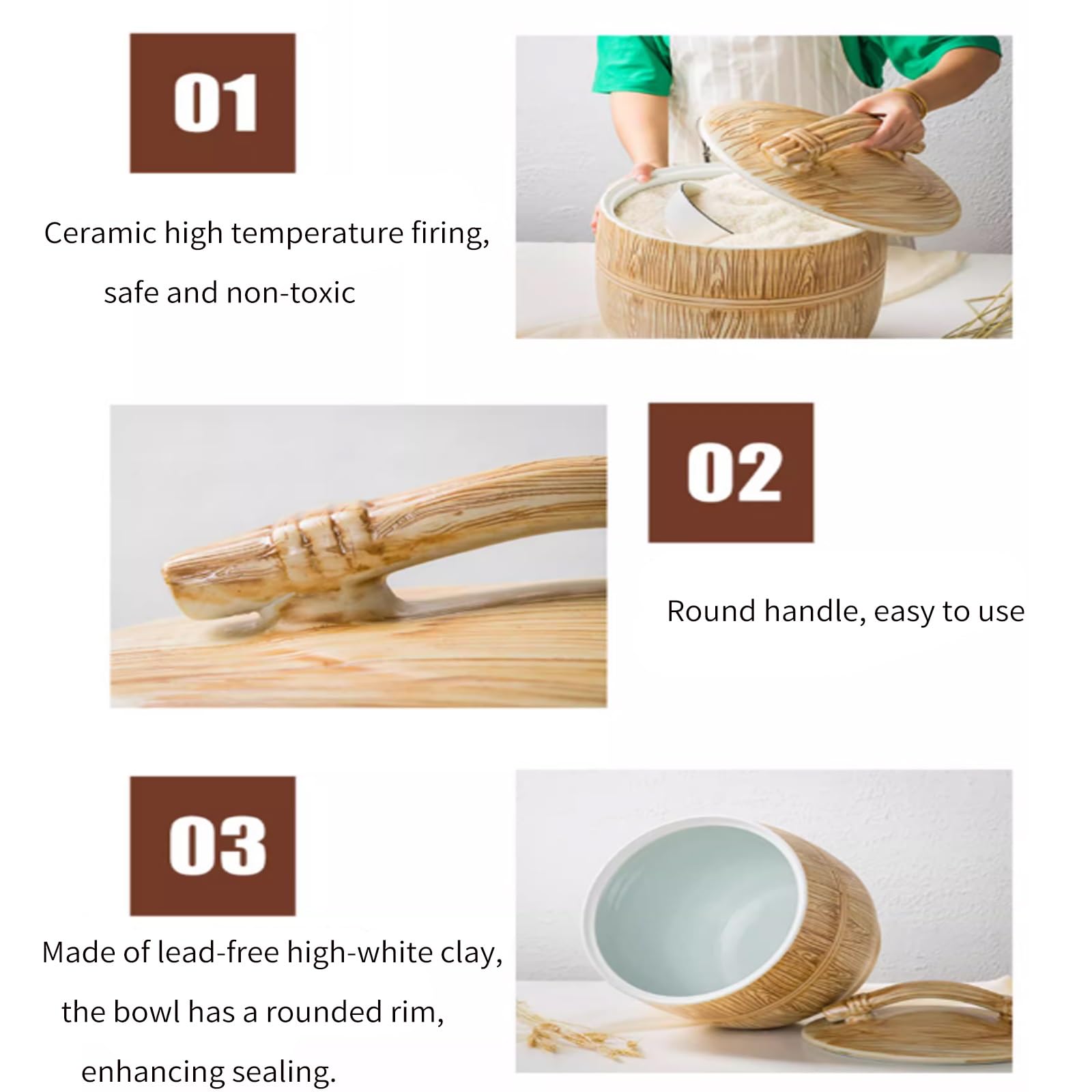 Secchio per Riso ermetico Contenitore per Riso con Coperchio Contenitori per Alimenti in Ceramica Cilindro per Riso in Ceramica con Coperchio Barattolo Cinese Decorativo in Ceramica(15kg)