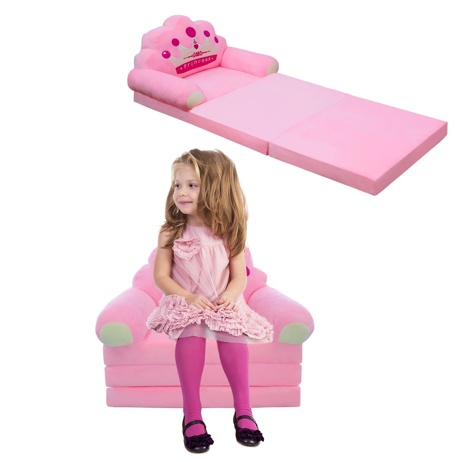 PLYFOU Kids Fold Out Couch, Couch for Toddlers 1-3, 2-in-1 Foldable Princess Chair for Toddlers, Mini Couch for Kids Reading and Napping, Idea for Girls, Pink