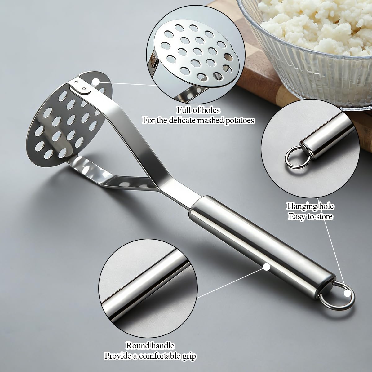 Homquen Puré de Papa de Acero Inoxidable, Puré de Papa resistente, Pasapurés de Papa, Utensilios Herramienta de Cocina para Machacar Verduras y Frutas, Lavable en Lavavajillas (25cm)