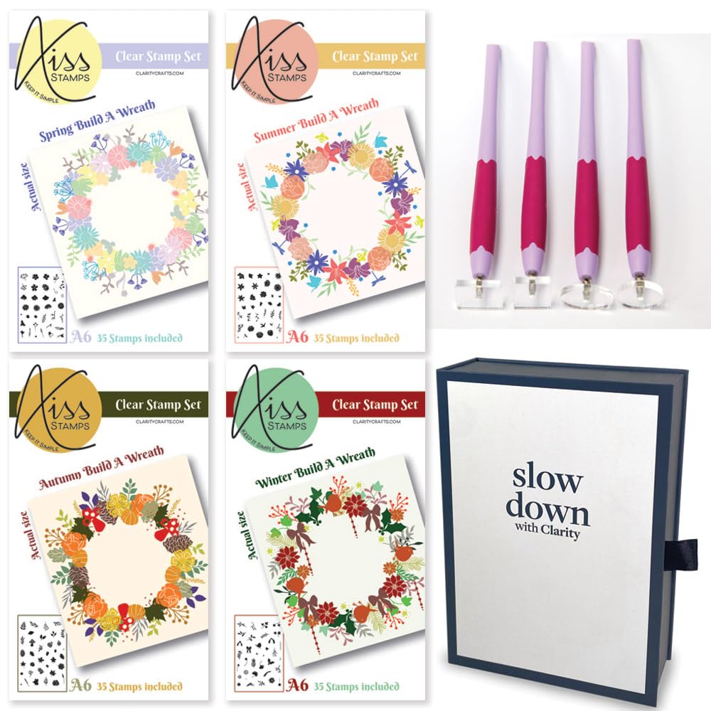 Clarity Stamps - Set di 4 timbri trasparenti A6 con 140 francobolli in totale, 4 penne per timbri e scatola