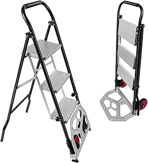 2 in 1 Aluminum Hand Truck & Ladder 3 Step Ladder Step Stool for Adults with Wide Anti-Slip Pedal and 6’’ Rubber Wheels, 330lbs Capacity Sturdy Steel Ladder Portable Steel Step Stool Dolly