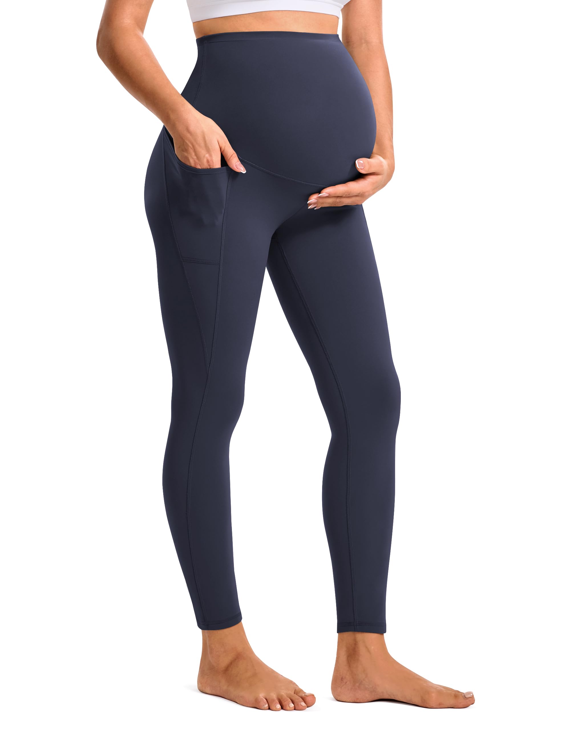 Baydi Women's Navy Blue Clouduxi Maternity Leggings With Pockets Over The Belly 25" - Buttery Soft Yoga Workout Active Pregnancy Pants
