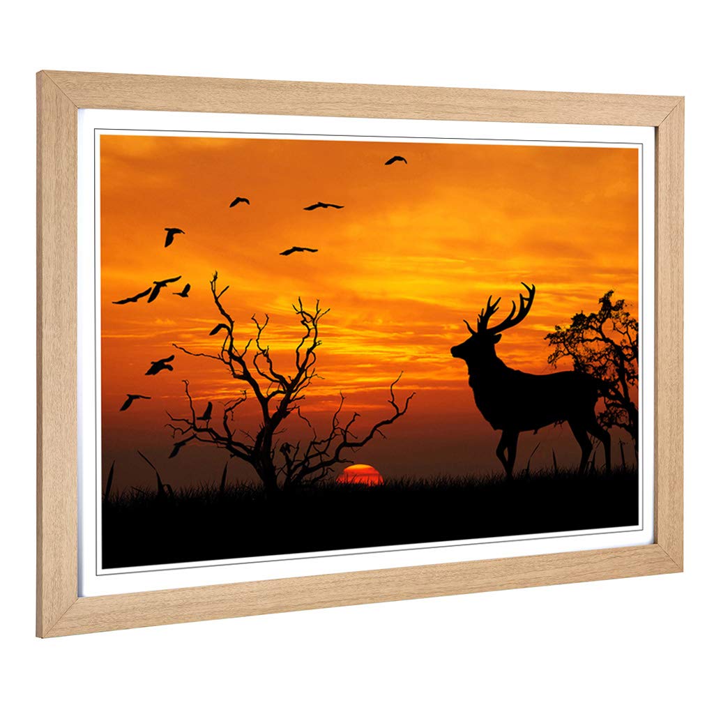 Big Box Art Framed Print of Sunset Stag and Birds Landscape Design | Wall Art Picture | Home Decor for Kitchen, Living Room, Bedroom, Hallway, Oak, A2 / 24.5x18 Inch / 62x45cm