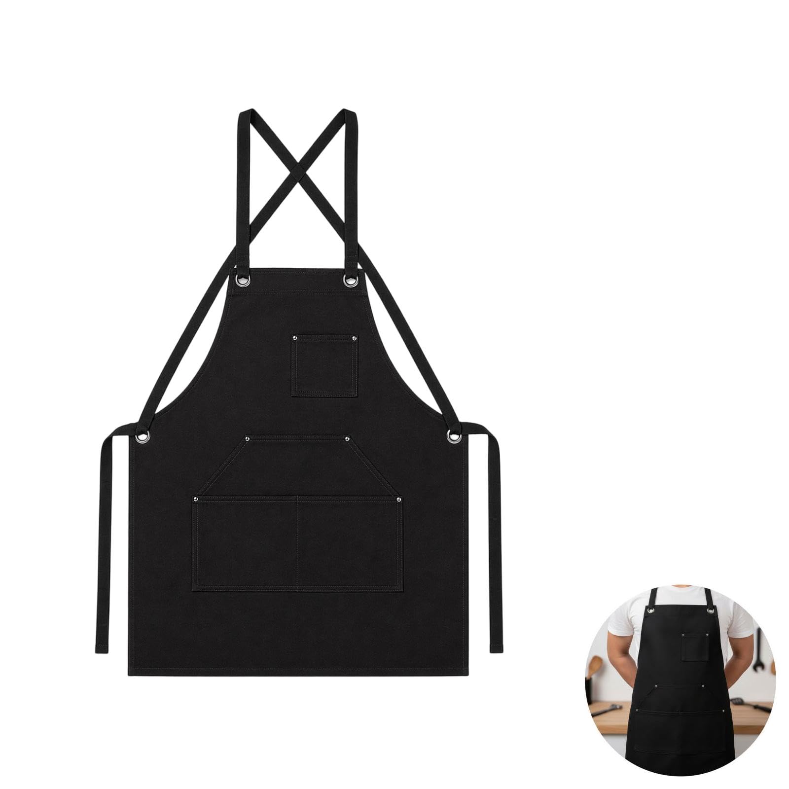 Tablier de travail noir en polyester coton, design croisé réglable, tablier robuste avec de nombreuses poches à outils pour hommes et femmes, pour barbecue, cuisine, atelier et travaux intensifs