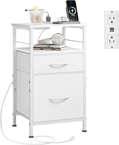 WLIVE Mesita de noche con estación de carga, mesita de noche blanca con 2 cajones de tela, mesita de noche, cómoda pequeña para dormitorio, mesa
