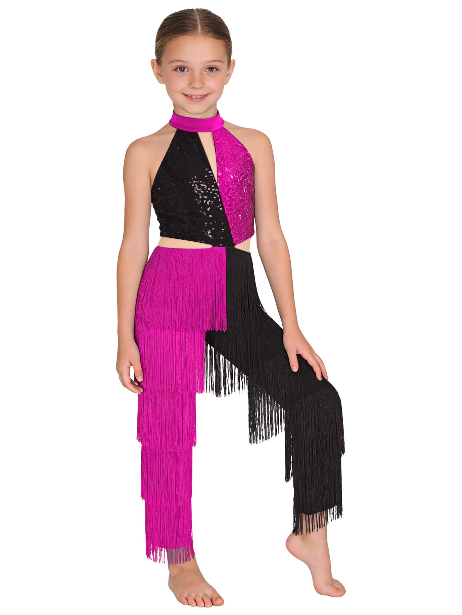 TiaoBug Mono De Baile Latino Para Niñas Maillot Brillante Sin Mangas Con Borlas Disfraz De Discoteca Hippie De Los Años 70