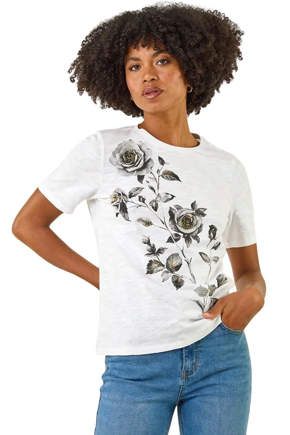 Roman Women's Ivory Floral Print Cotton Top In | Size: 20