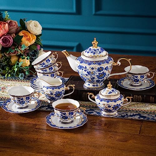 ACMLIFE Bone China Tea Sets for Adults - Tea Cups Tea Set for 6, Blue and White Porcelain Tea Set for Women with 24K Gold, Fine Bone China Vintage British Tea Sets for Luxury Gift, Mother's Day by ACMLIFE - Image 2