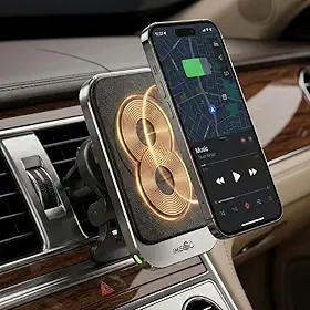 Suporte Veicular Magnético para Celular com Carregamento por Indução, Rotação 360°, Fixação em Saída de Ar, Preto