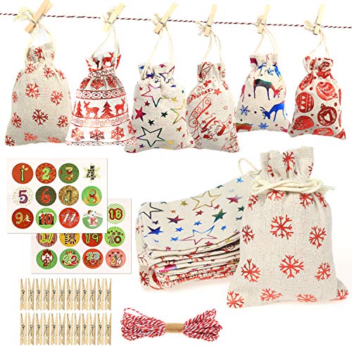 Zhina Adventskalender zum Befüllen, Weihnachten Geschenksäckchen mit 24 Aufkleber Nummern und 24 Holzklammern für Weihnachts Countdown, Befüllbaren Adventskalender DIY Weihnachts Geschenktüte Cover