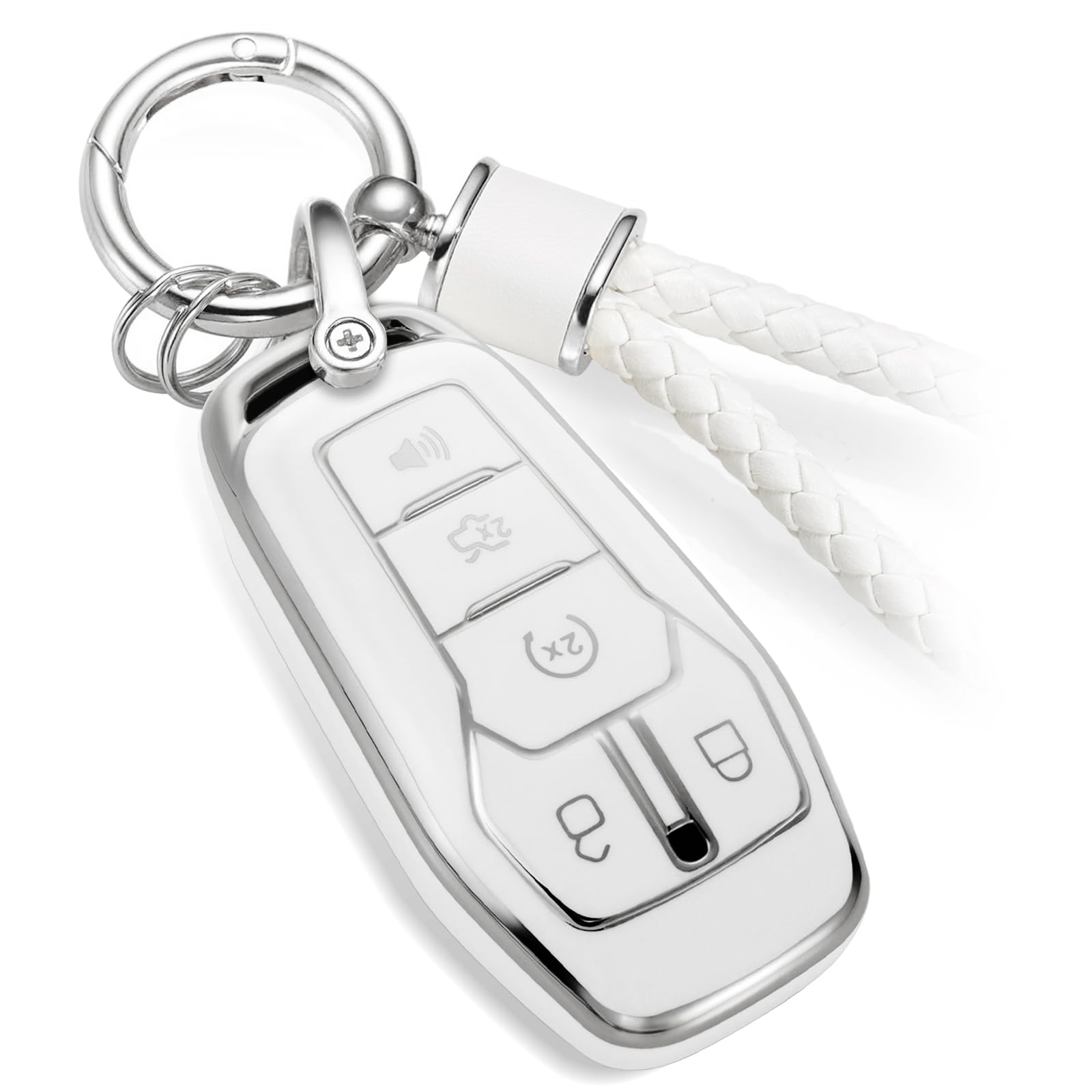 CTRINEWS for Ford Key Fob Cover with Metal Braided Keychain, Upgraded Soft Case for Fusion Mustang F150-350 Edge Explorer Lincoln MKZ MKC MKX,etc. (5 Button) Shell (Silver Edge,A)