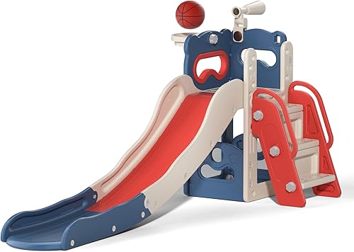 Juego de tobogán y escalador independiente 5 en 1 para niños de 2 a 8 años, parque infantil desmontable con aro de baloncesto, telescopio, pelota y