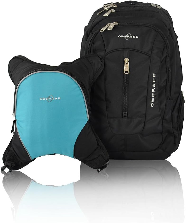OberseeBern Diaper Backpack, Shoulder Baby Bag, With Food Cooler, Clip to Stroller (Black/Turquoise)