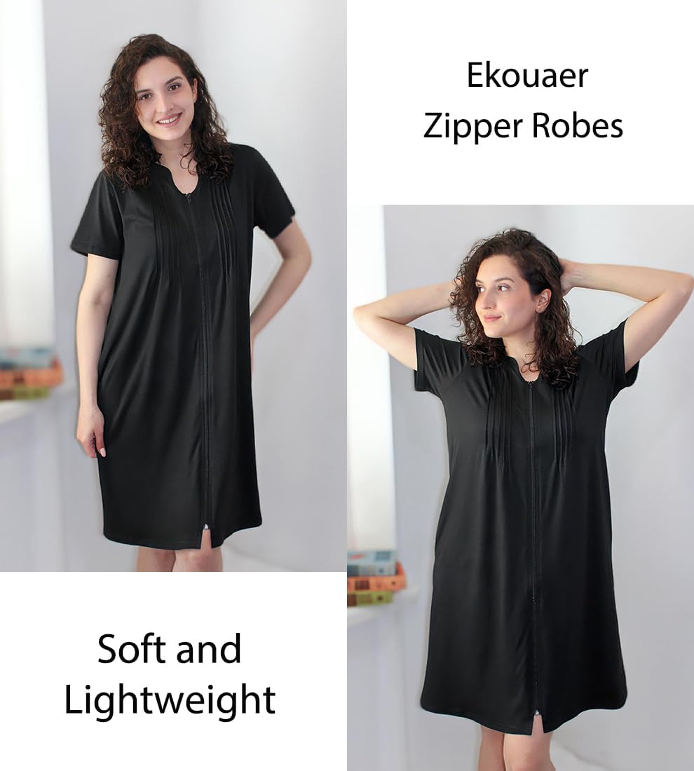 EKOUAER Women Zipper Robes Short Bathrobe Lightweight Mumu Duster House Coat with Pockets Soft Moo Moo Nightgown - Image 3