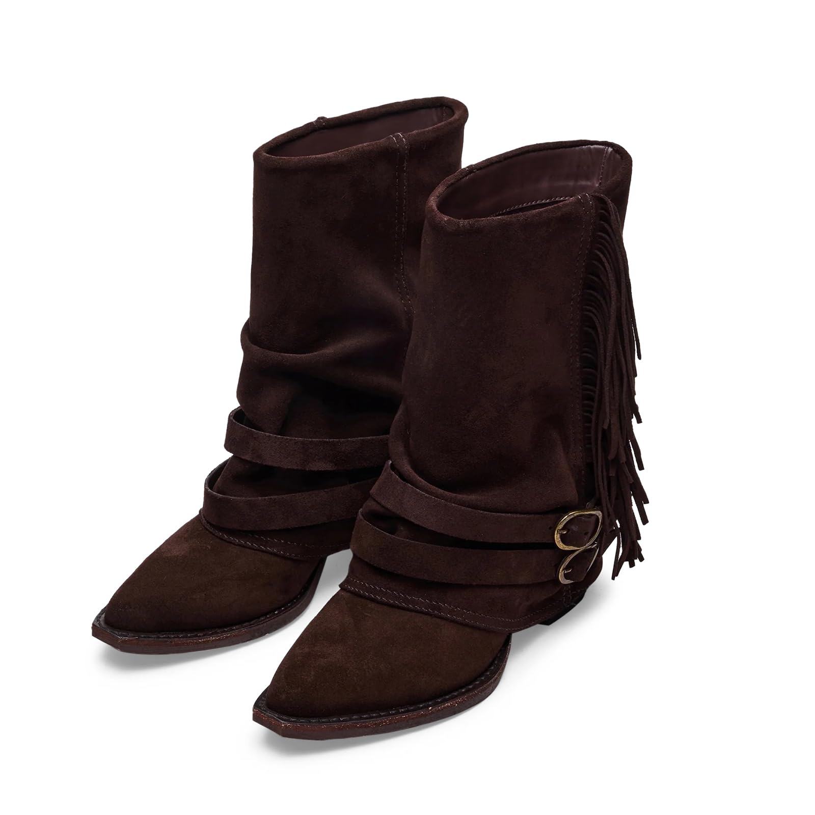 Womens Fringe Western Boots Mid Calf Riding Cowgirl Cowboy Boot Chunky Heel