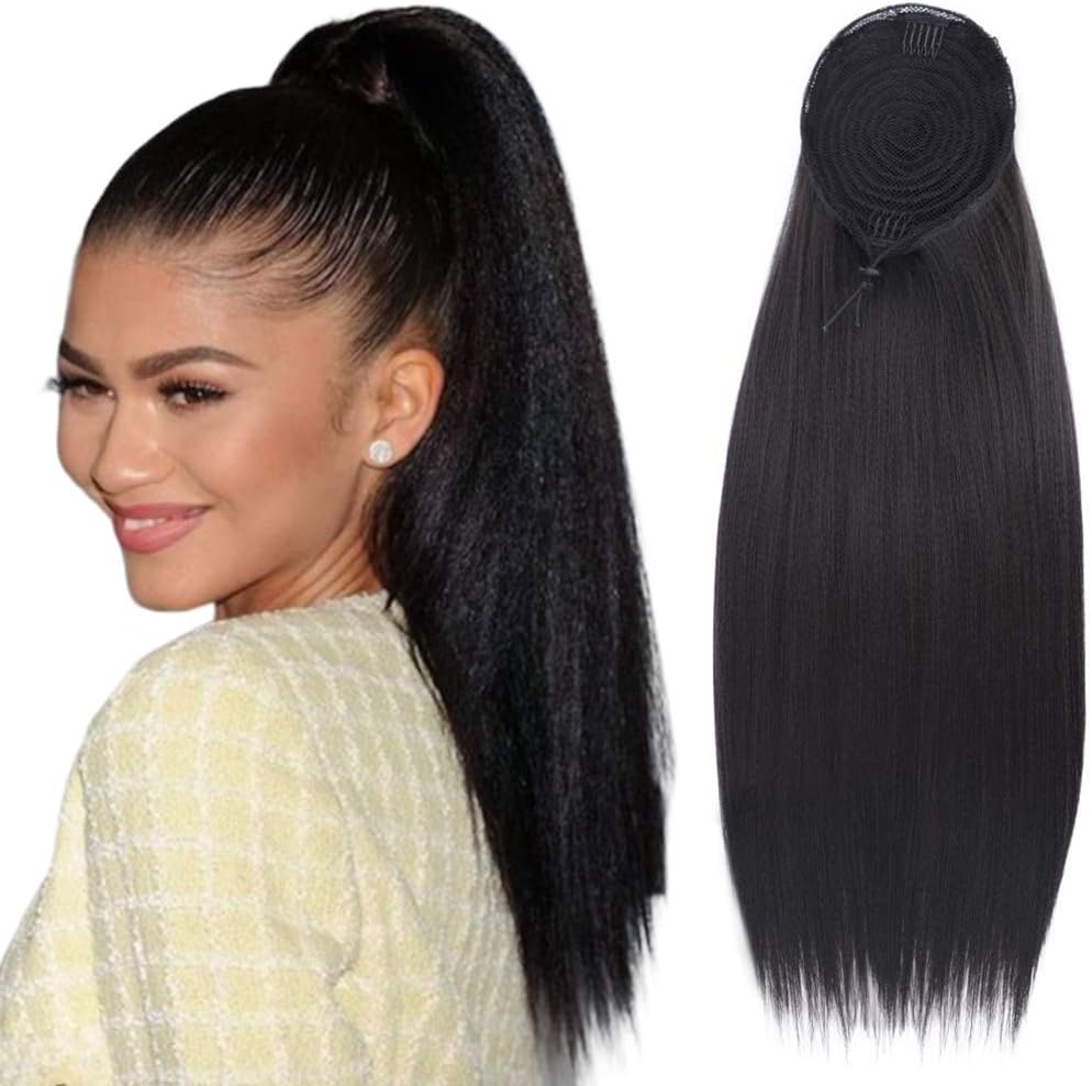 Stamped Glorious Drawstring Ponytails for Women Synthetic Long Ponytail Extension Kinky Straight Drawstring Ponytail Black Color Clip in on Ponytail Externsion (22 Inches)
