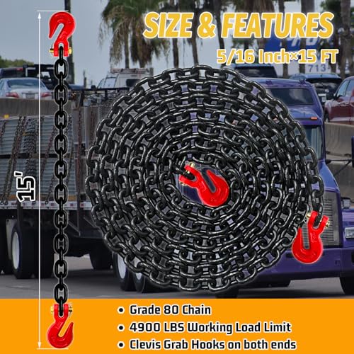 Image of 5 /16 inch Binder Chain,15FT Trailer Safety Chains with Clevis Grab Hooks, 4:1 Safety Factor, 4,900 lbs Safe Working Load | Heavy Duty Chain for Towing,Transporting,Logging(EP Black)