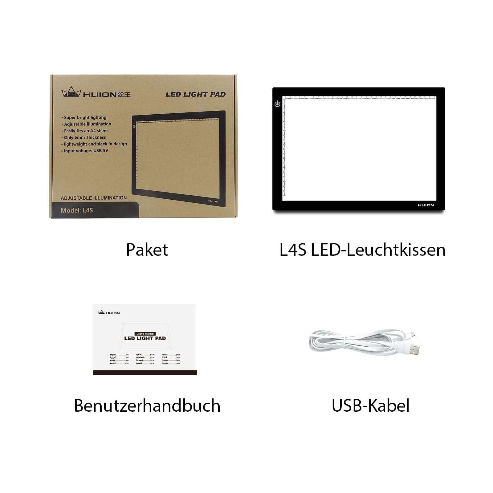 HUION Leuchttisch L4S LED Pad, 31 x 21cm Arbeitsbereich, Tragbare Lichtkasten Leuchtkasten mit USB Kabel, Ideal für DIY 5D Diamond Painting Skizzierung Zeichnen Malen Skizzierung