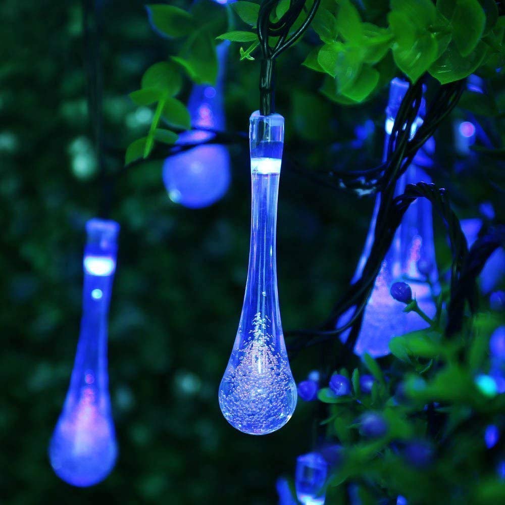 SHANJIA Outdoor Solar String Lights, 6m 30 LED Waterdrop Outdoor Fairy String Lights, 8 Lighting Modes, for Fence Yard Summer Party Wedding Decoration (Blue)