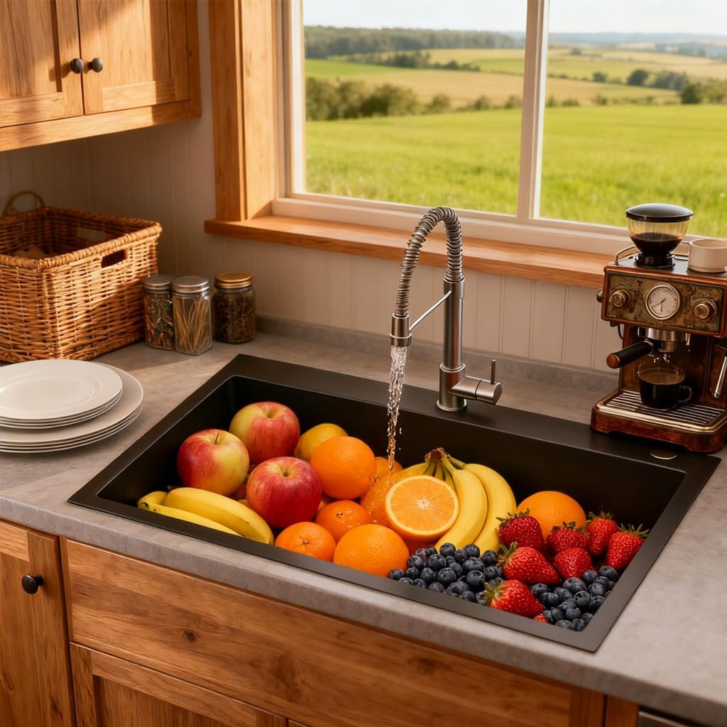 32 x 19 Inch Black Drop in Kitchen Sink, 304 Stainless Steel Single Bowl Sink, Topmount 9 Inch Deep Wet Bar sink for Kitchen Outdoor Prep RV Yard Laundry Utility with Dish Grid & Drain