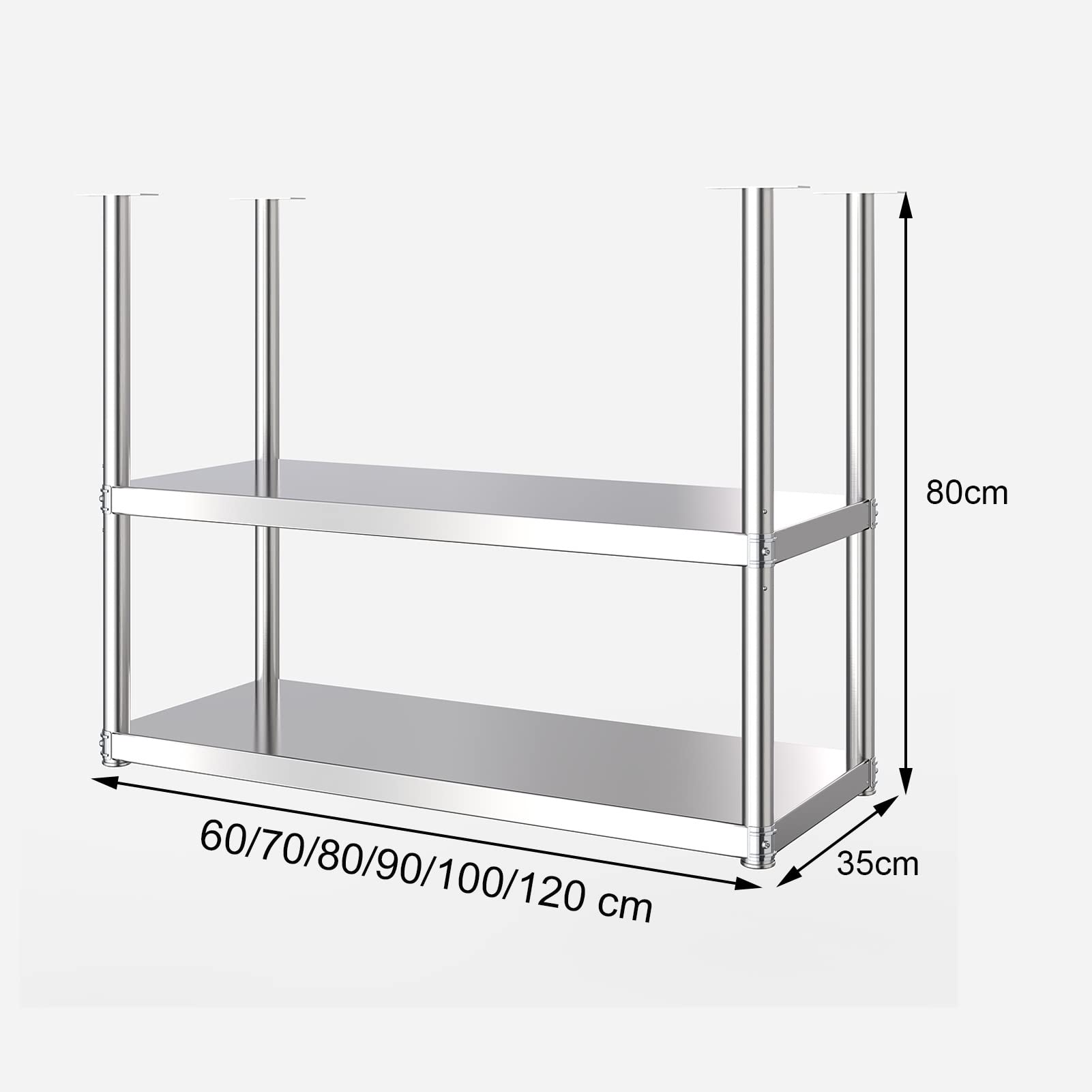 Mensola da cucina europea a 2 ripiani – Scaffale da soffitto per microonde, pentole, padelle e utens – Espositore da parete per ristoranti – Dimensioni: 70 x 35 x 80 cm