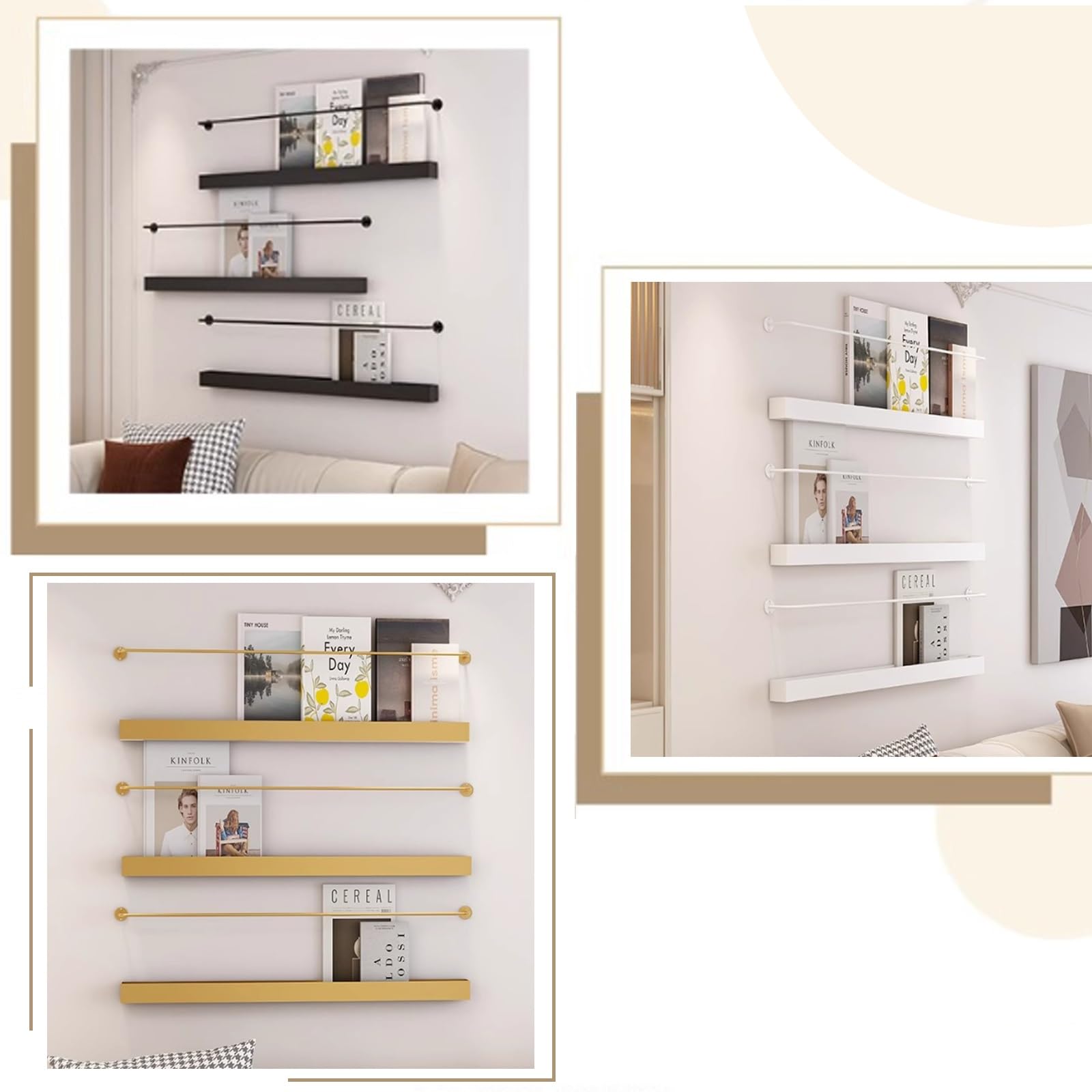 Estantes flotantes de metal montados en la pared para organización del hogar y decoración de pared, ideal para sala de estar, cocina, dormitorio, baño, exhibición de fotos,