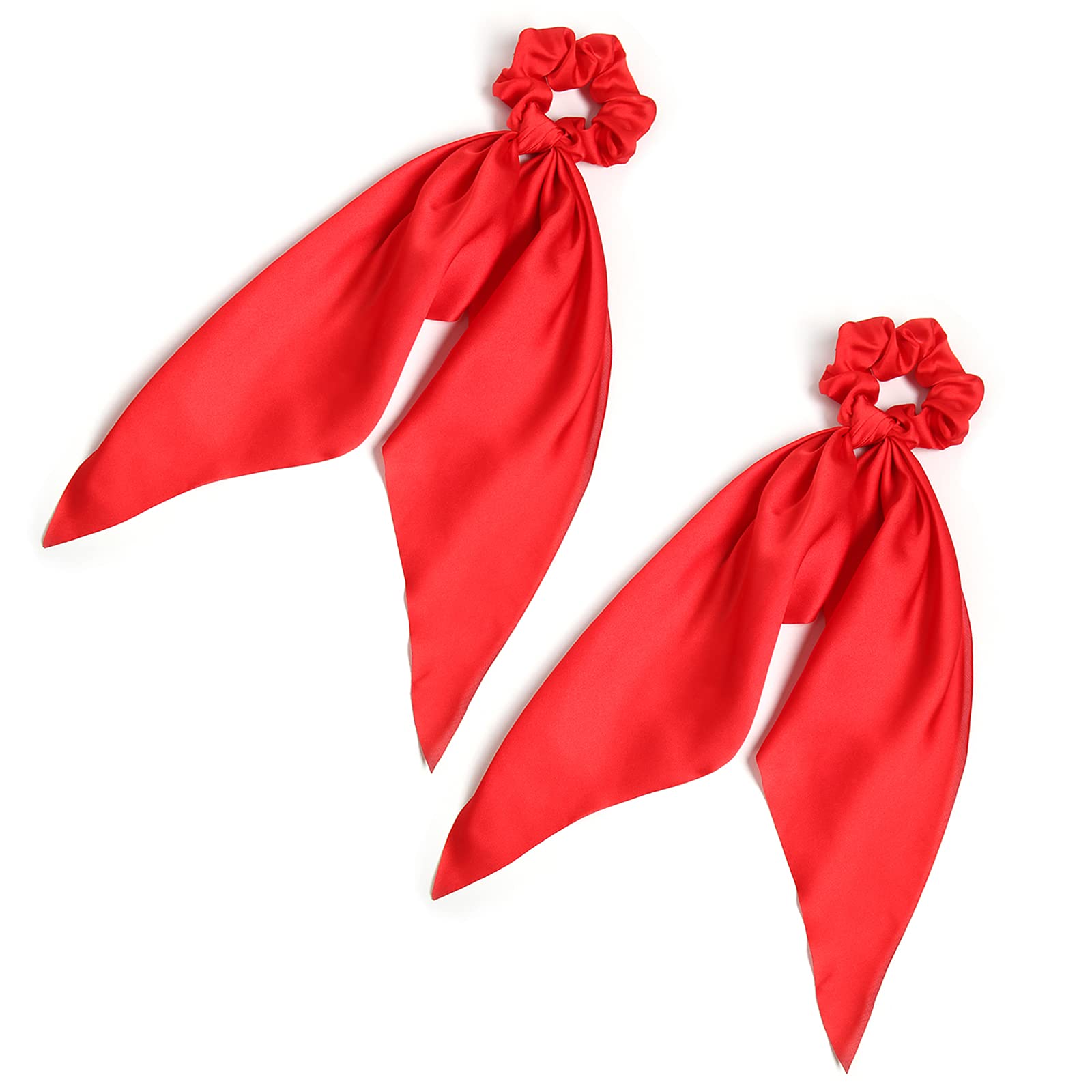 Pack of 2 Knotted Bow Hair Scrunchies Elastic Hair Scarf Black Hair Ties Bands Satin Hair Ribbon Scrunchy Red Ponytail Holder for Women and Girls (Red)