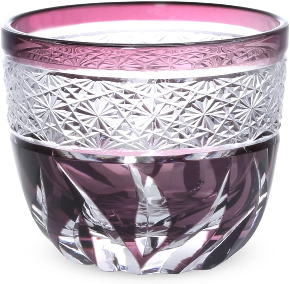 J-kitchens Retro Kiriko Glass Cup Japanese Sake Ochoko Diameter 2.4 x H2.0 inches (60 x 50 mm) 2.4 fl oz (70 cc) Obi Diaphragm Pink Current Model