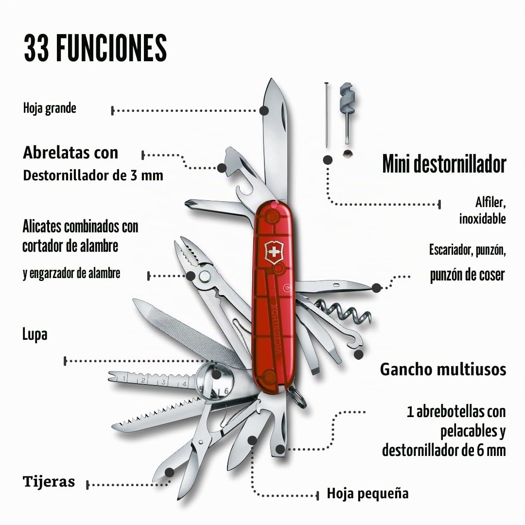 Victorinox, Swiss Champ, Navaja Multiuso Suiza, Cuchillo bolsillo, Regalo, 33 Funciones, Hoja grande, Sacacorchos